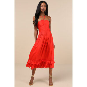 Lulus Pleasing Chicness Red Satin Halter Tiered Midi Dress - Size XL